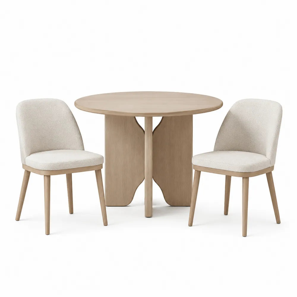 Set tavolo rotondo e 2 sedie in legno di quercia e tessuto beige