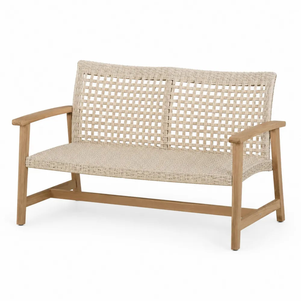 Divano da esterno in legno e rattan intrecciato, beige chiaro