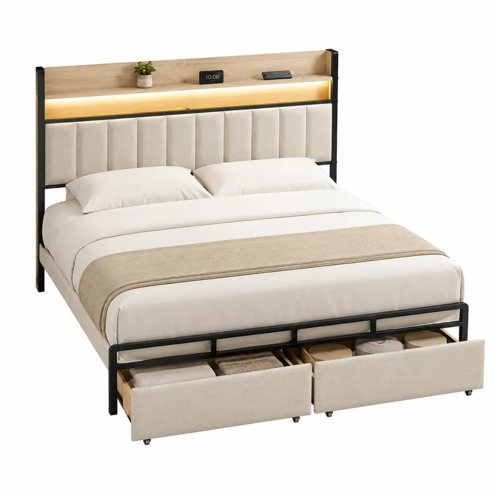Letto matrimoniale in metallo con testiera in legno e cassetti beige 200x160 cm