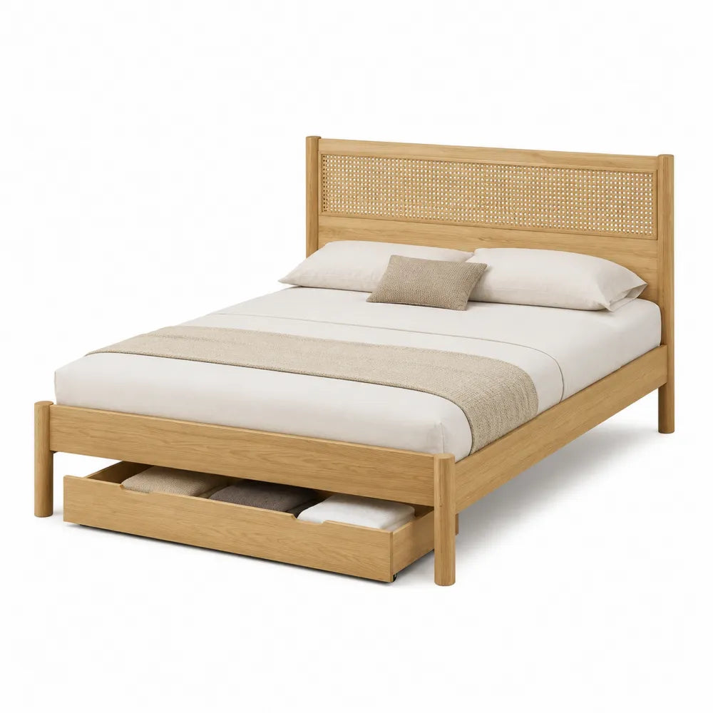 Letto matrimoniale in legno massello con testiera intrecciata e cassettone estraibile