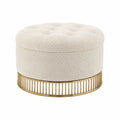 Pouf in Tessuto Bouclé Beige con Base di Metallo Dorato