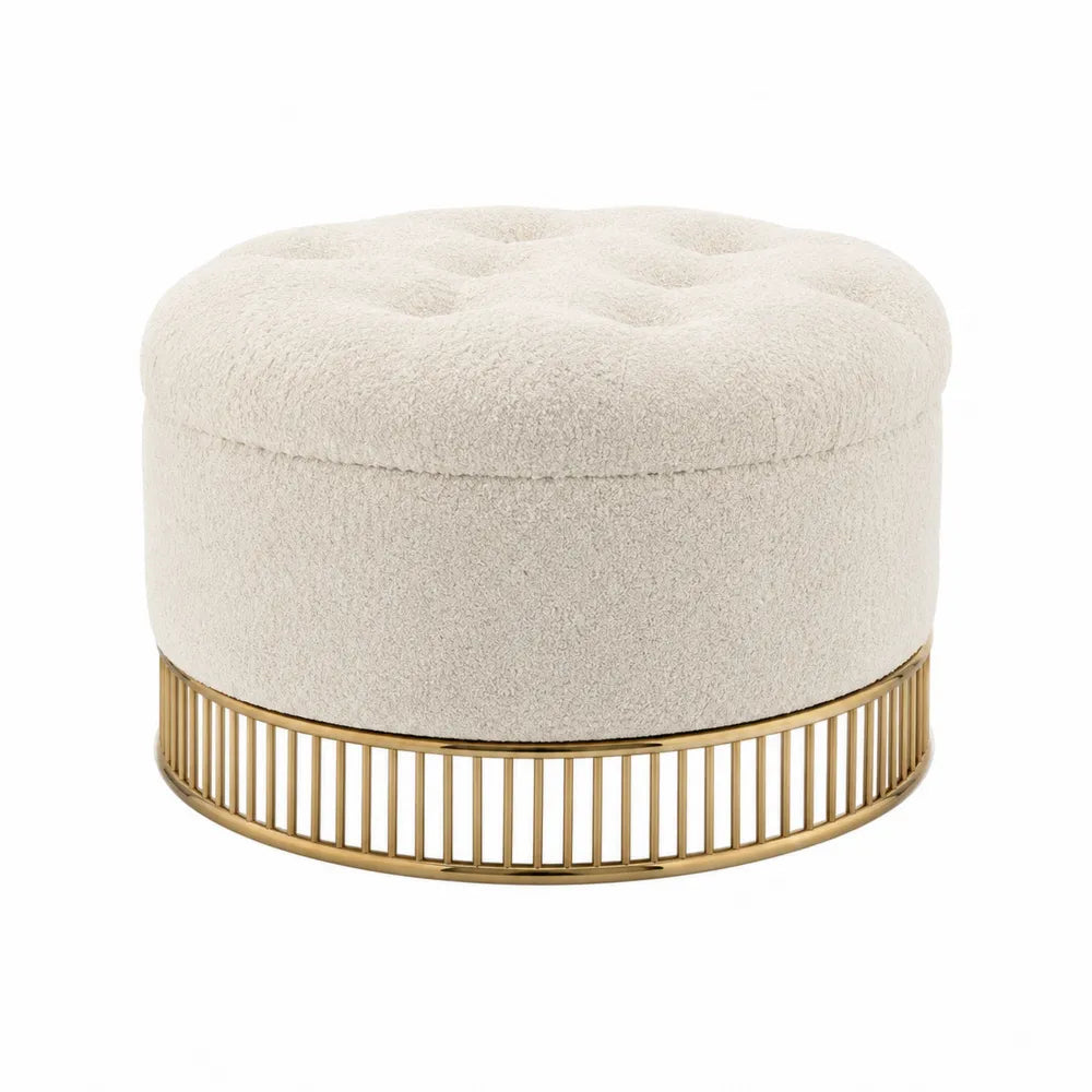 Pouf in Tessuto Bouclé Beige con Base di Metallo Dorato