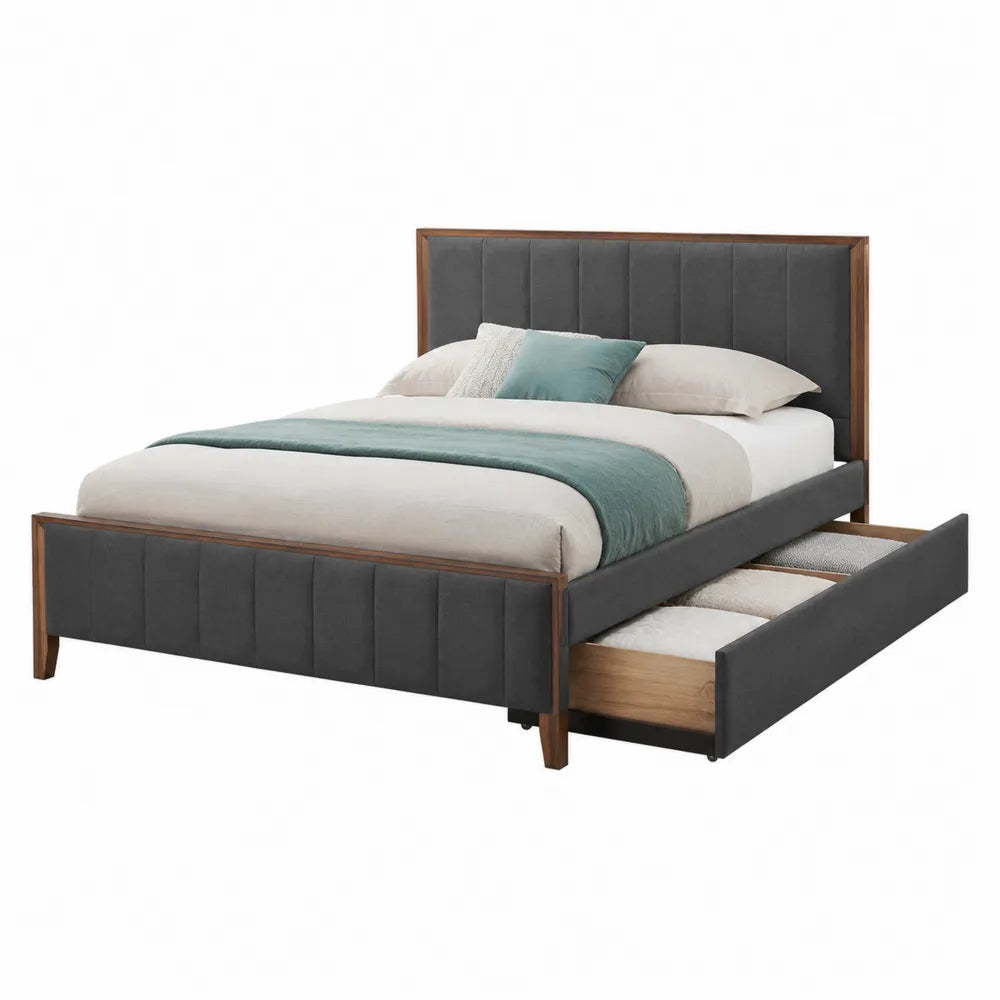 Letto matrimoniale in tessuto grigio e legno con cassetti 200x160 cm