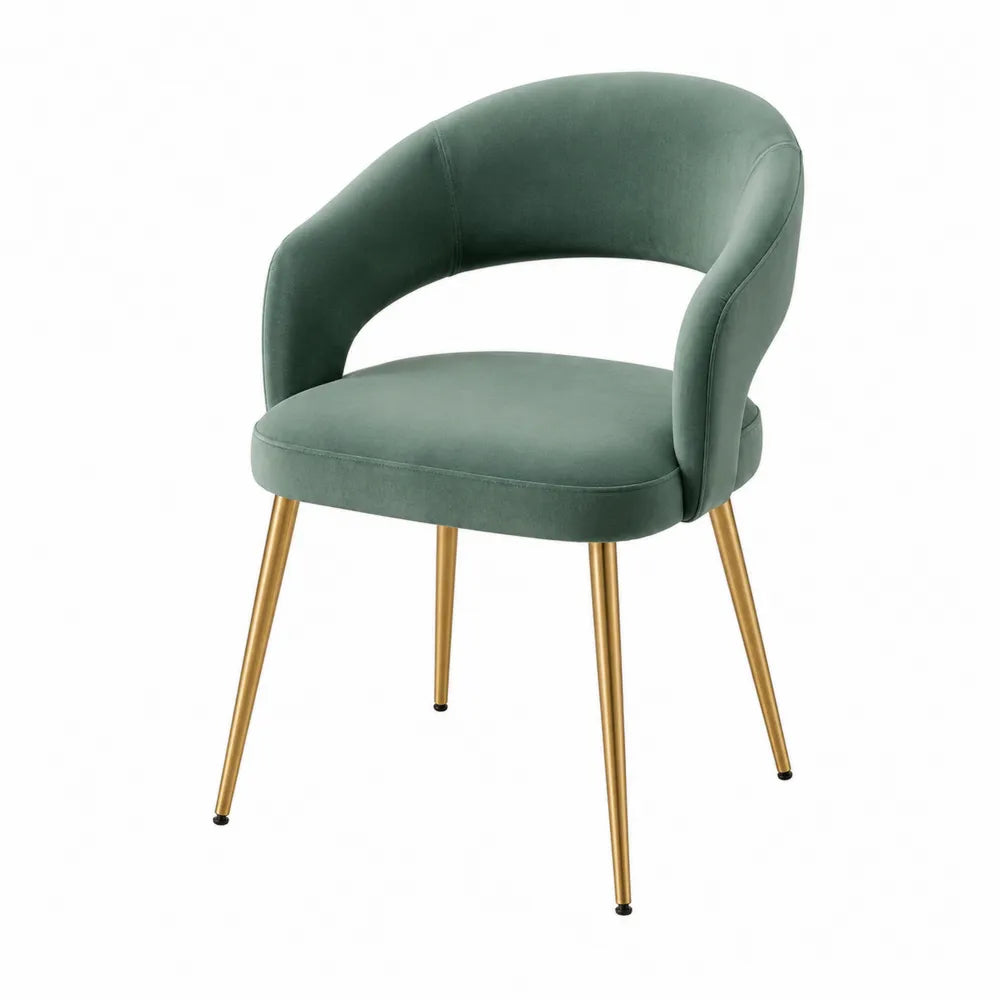Sedia da pranzo in velluto verde con gambe in metallo dorato