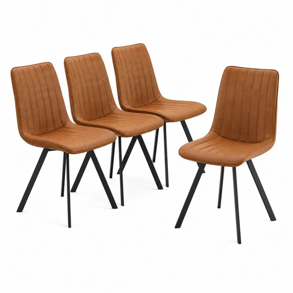 Set di 4 Sedie in Tessuto Sintetico Marrone con Gambe in Metallo Nero