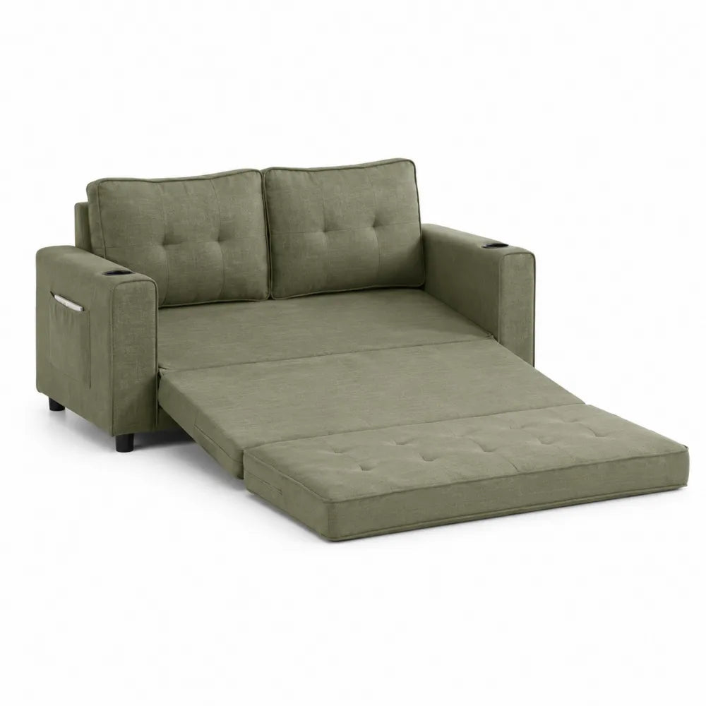 Divano Letto Convertibile in Tessuto Verde con Porta USB e Portabicchieri